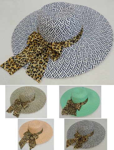 LADIES Large-Brim Fashion Hat [Two-Tone Woven with Cheetah Bow]